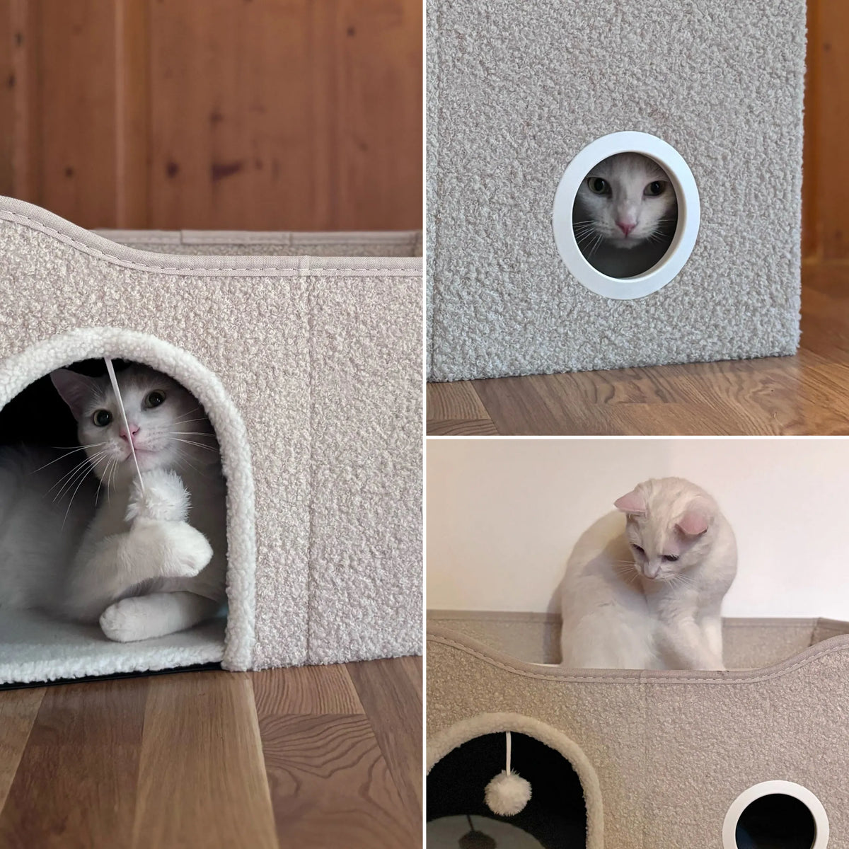 Beige PAWY EB kattgrotta med en rund öppning, en lekboll och en vit katt från hjh LIVING
