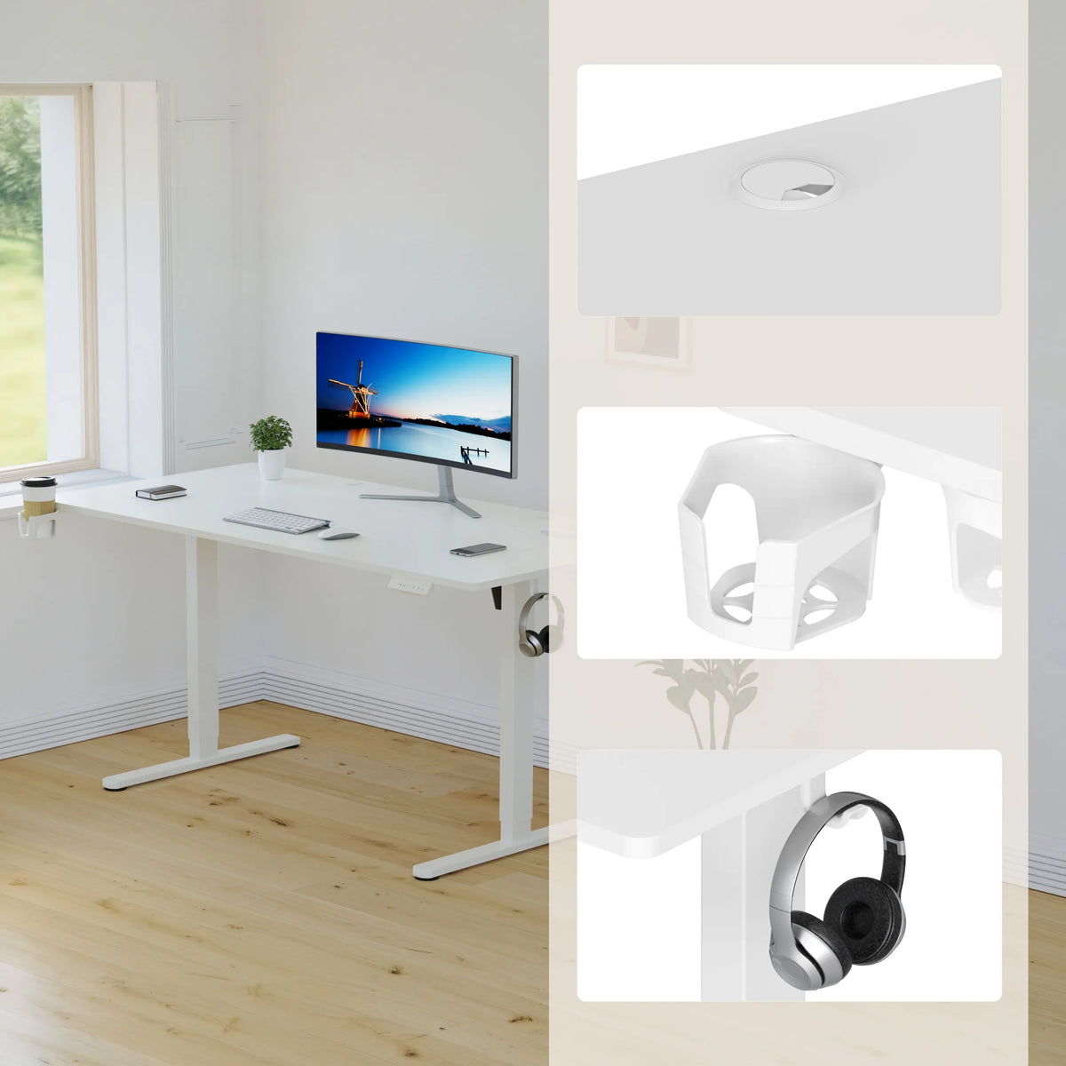 Kabelgenomföring, mugghållare och hörlurshållare på Worktime skrivbordet i vitt från hjh OFFICE