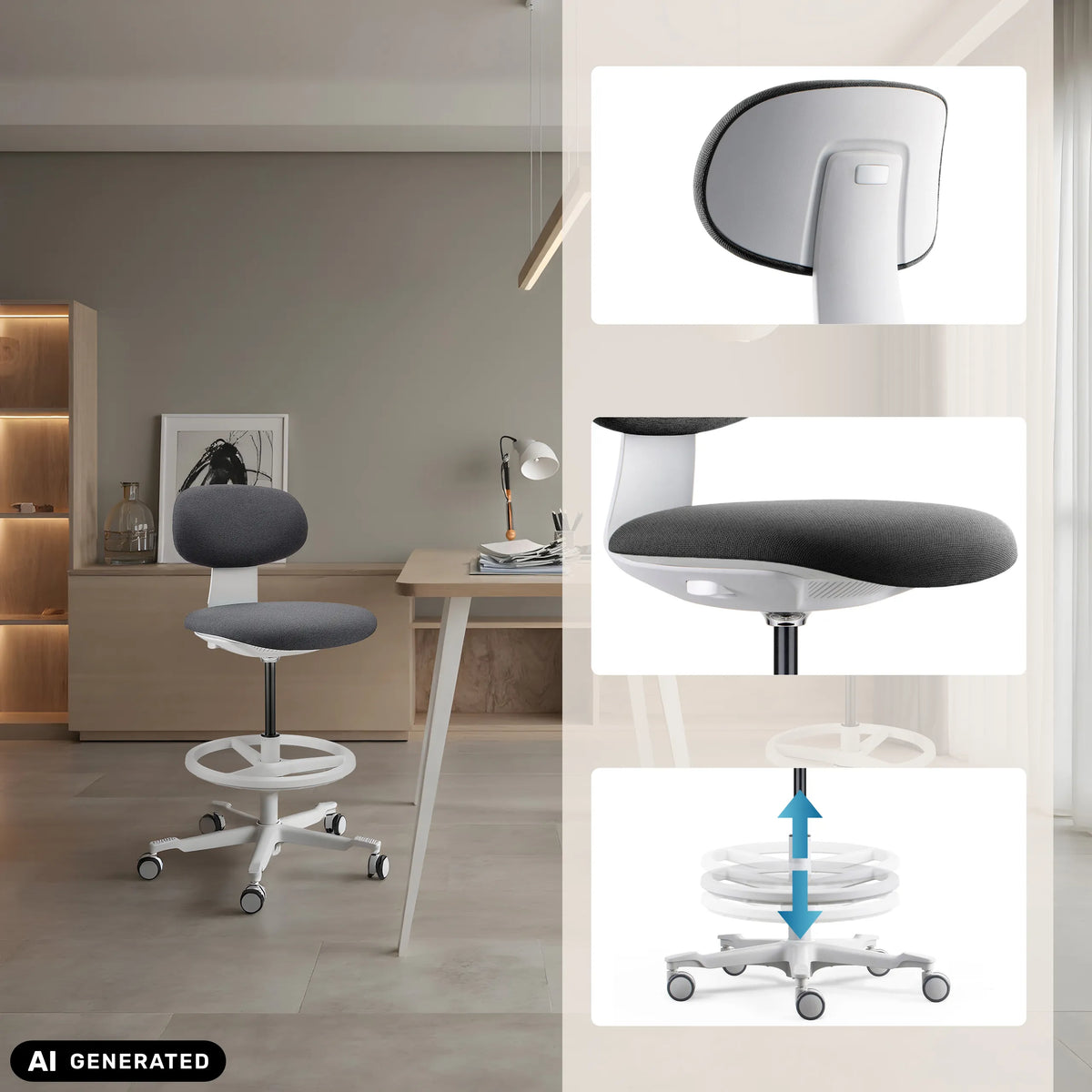 Höjdjustering och fotring på arbetsstolen WORK MF2 W i mörkgrå från hjh OFFICE (AI-genererad bild)