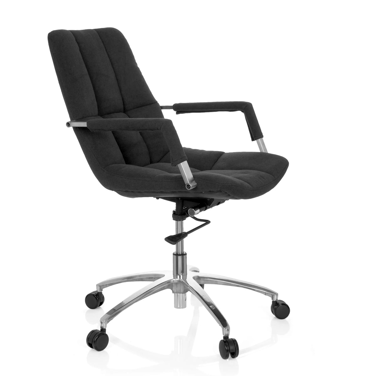 Svart Home Office kontorsstol SARANTO med tygbeklädnad och femhjulig fotkorsbas från hjh OFFICE – 360-gradersvy (snett framifrån 60°)