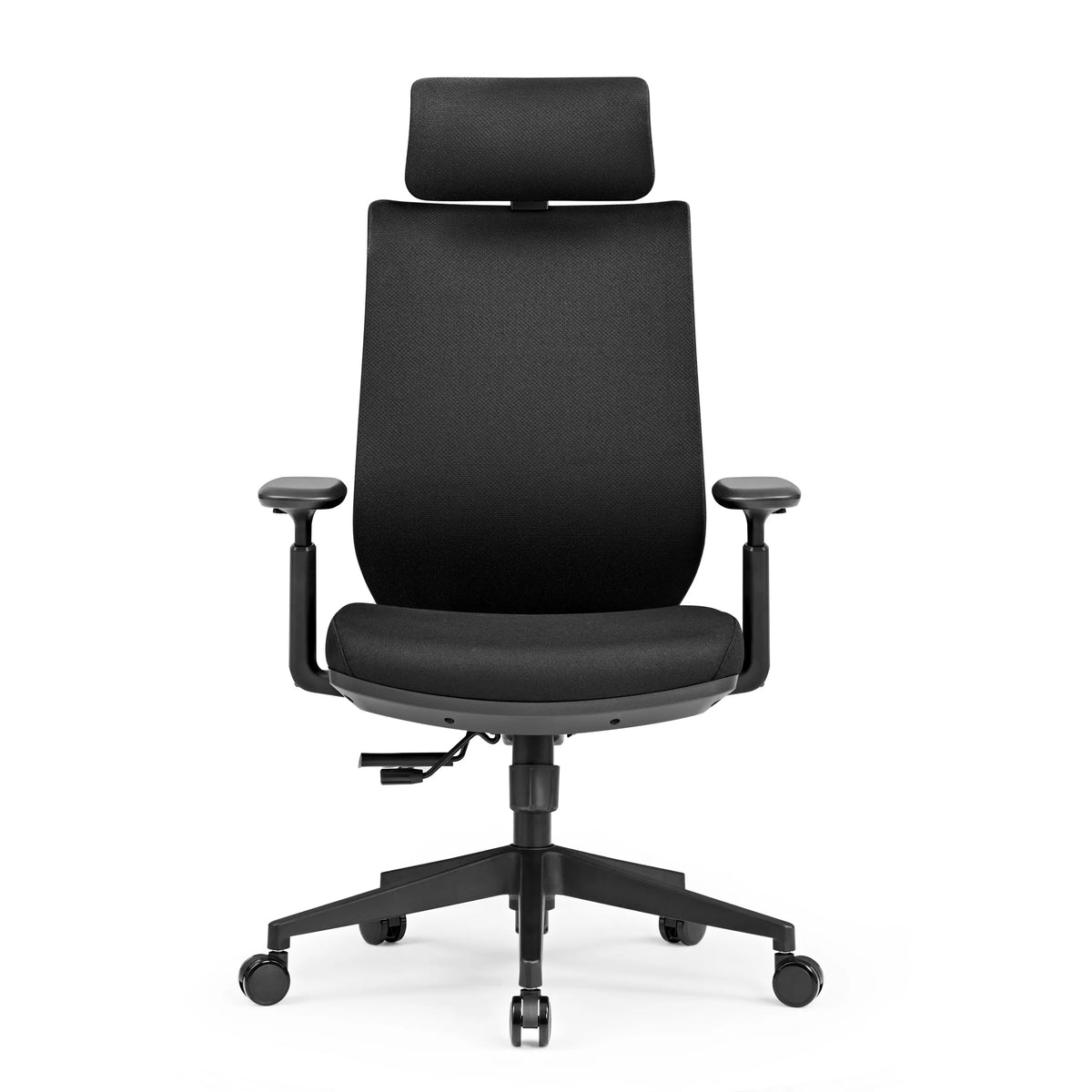 Svart Professionell kontorsstol Profondo F med nackstöd, armstöd och femstjärnig fotkorsbas med hjul från hjh OFFICE – 360-gradersvy (framifrån 0°)