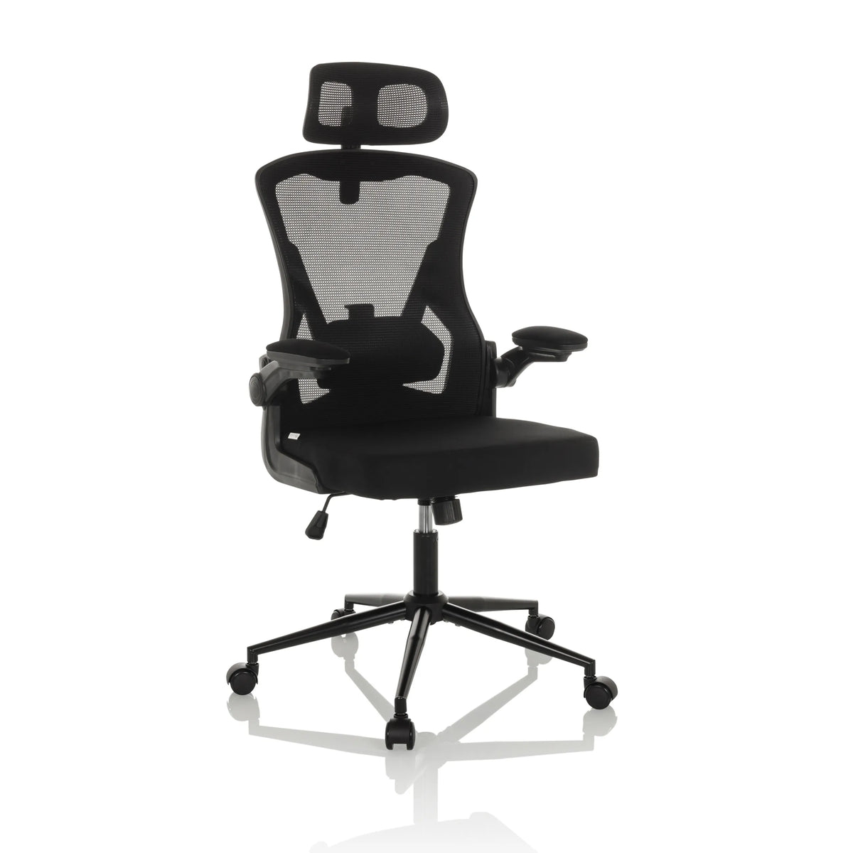 Svart Professionell kontorsstol ARIGANO med nätrygg, nackstöd och femhjulig fotkorsbas från hjh OFFICE – 360-gradersvy (snett framifrån 30°)