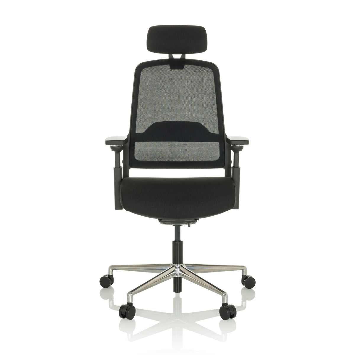 Svart Professionell kontorsstol TERARO AX med nätrygg, nackstöd och femhjulig fotkorsbas från hjh OFFICE – 360-gradersvy (framifrån 0°)