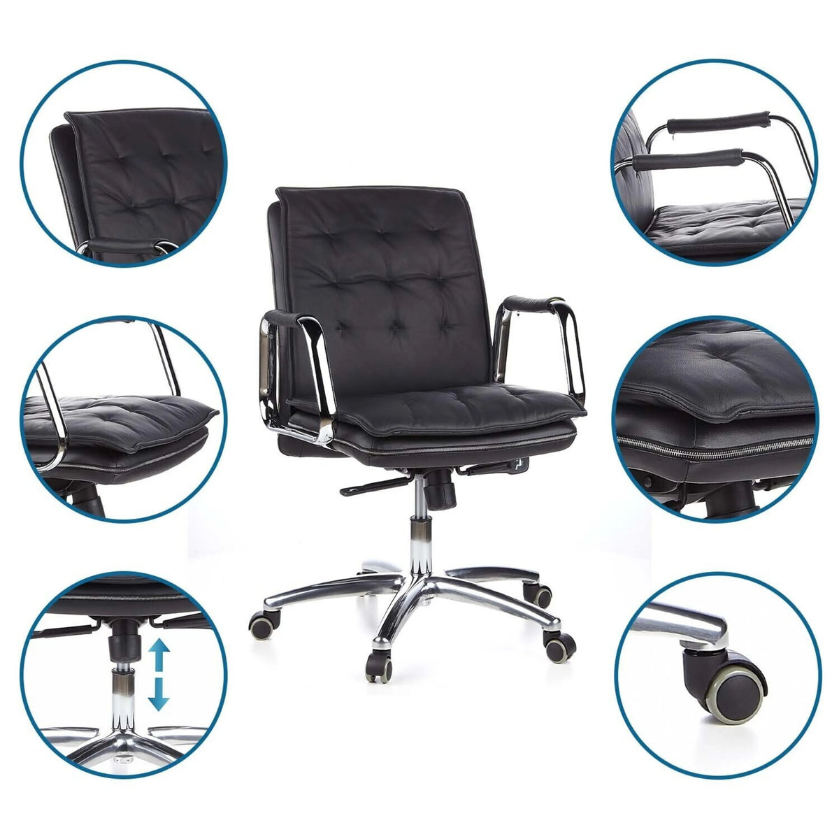 Professionell chefsfåtölj VILLA 10 i svart med detaljvyer av armstöd, gasfjäder och hjul från hjh OFFICE