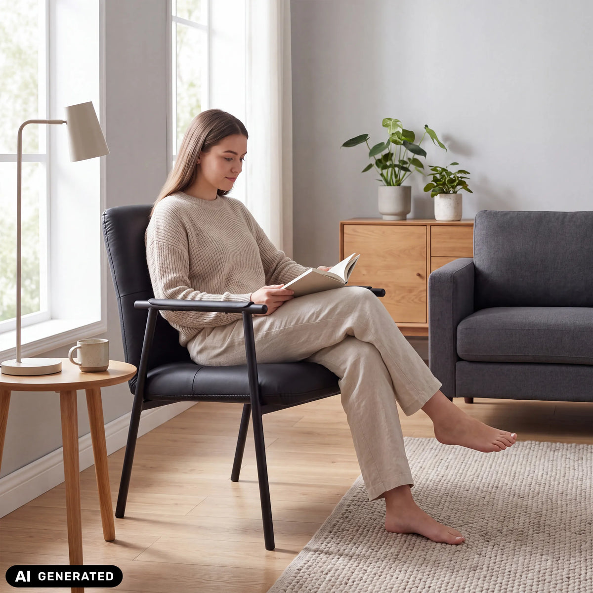 Svart stoppad stol Lifea Flex i konstläder med armstöd från hjh LIVING (AI-genererad bild)