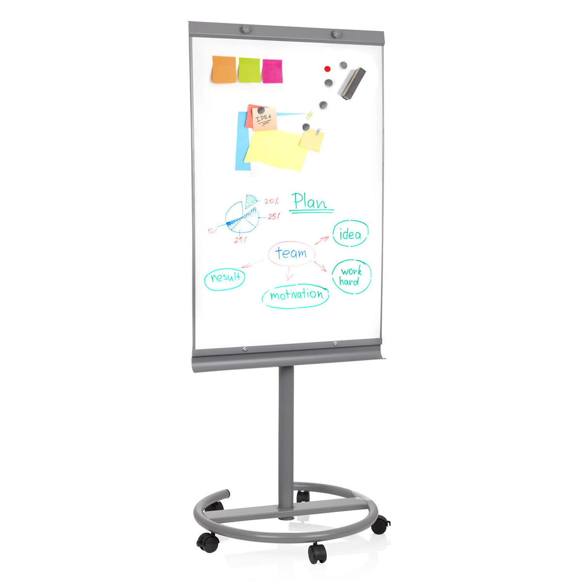 Whiteboard MULTIBOARD i silver med skrivbar yta på ett stativ med hjul från hjh OFFICE