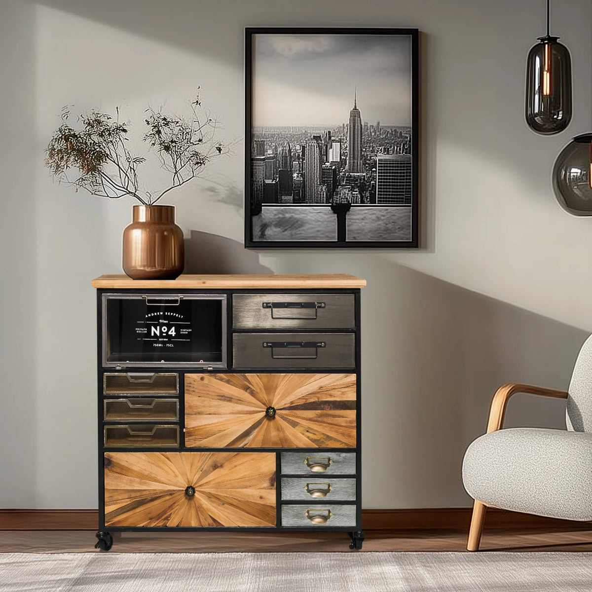 Sidobord CONTINENTO XL i mörka träfärger med metalldetaljer och hjul från hjh LIVING