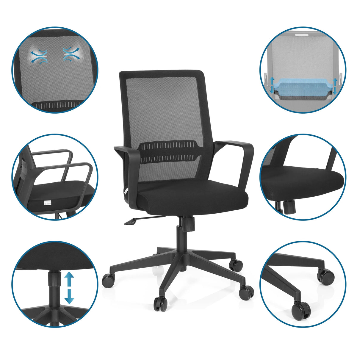 Home Office kontorsstol PRESTON i svart med olika detaljvyer av funktioner och komponenter från hjh OFFICE