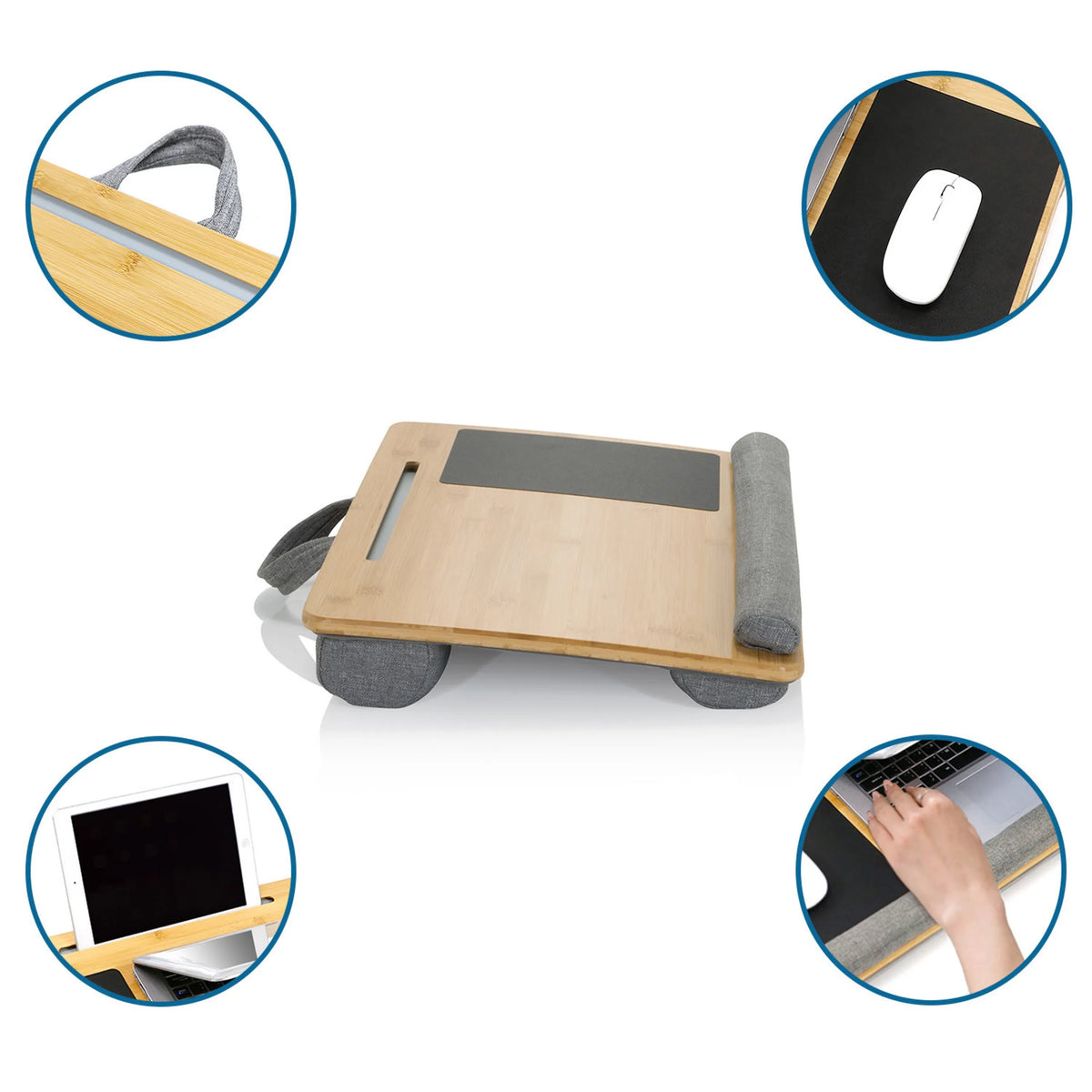 Underlägg för bärbar dator COMFILAP i bambu med grått handtag, musmatta och handledsstöd från hjh OFFICE