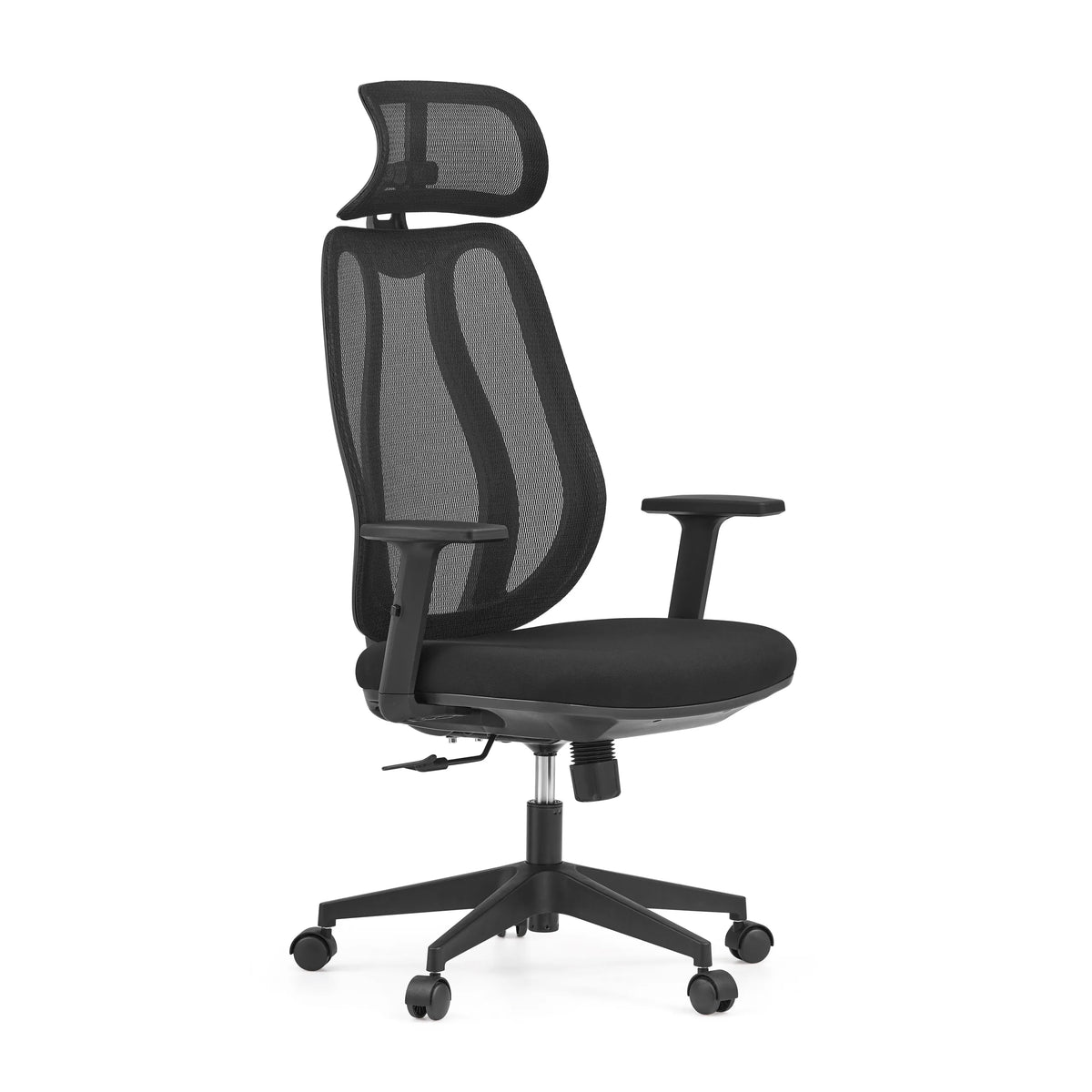 Svart professionell kontorsstol Filaro med nätrygg, nackstöd och femstjärnigt fotkors med hjul från hjh OFFICE – 360-gradersvy (snett framifrån 45°)