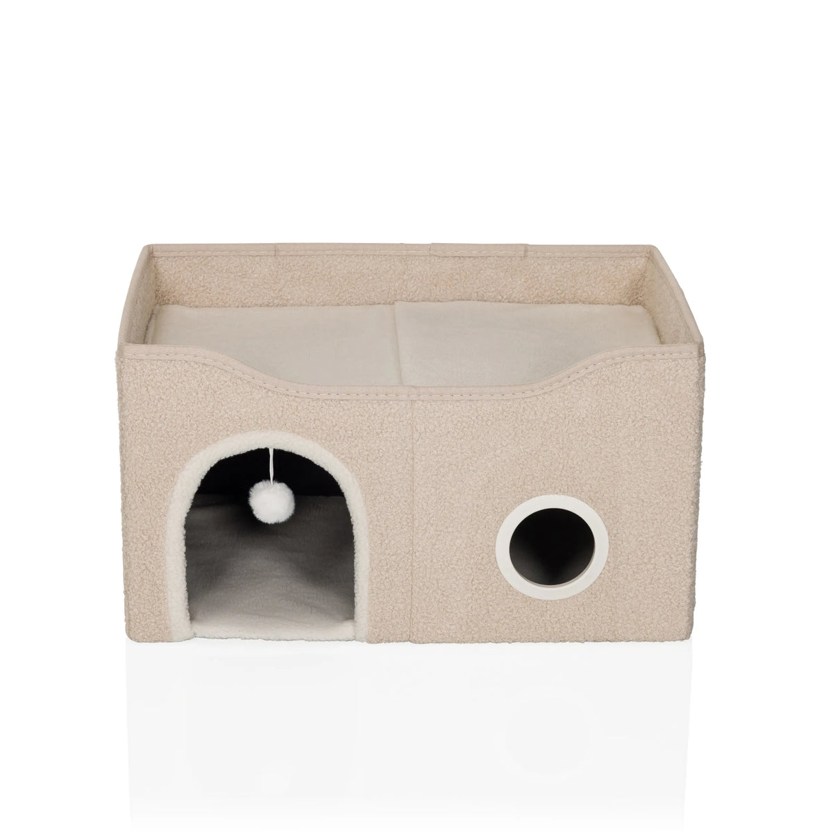 Beige Kattgrotta PAWY EB med ingångsbåge, lekboll och sidoöppning från hjh LIVING – 360-gradersvy (framifrån 0°)