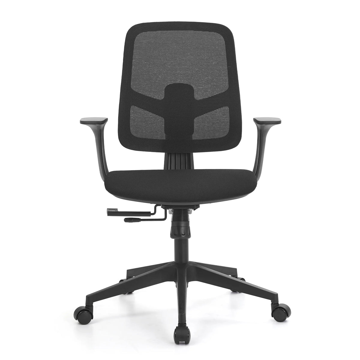 Svart Home Office kontorsstol Malio med nätrygg och femhjulig stjärnfot från hjh OFFICE – 360-gradersvy (framifrån 0°)