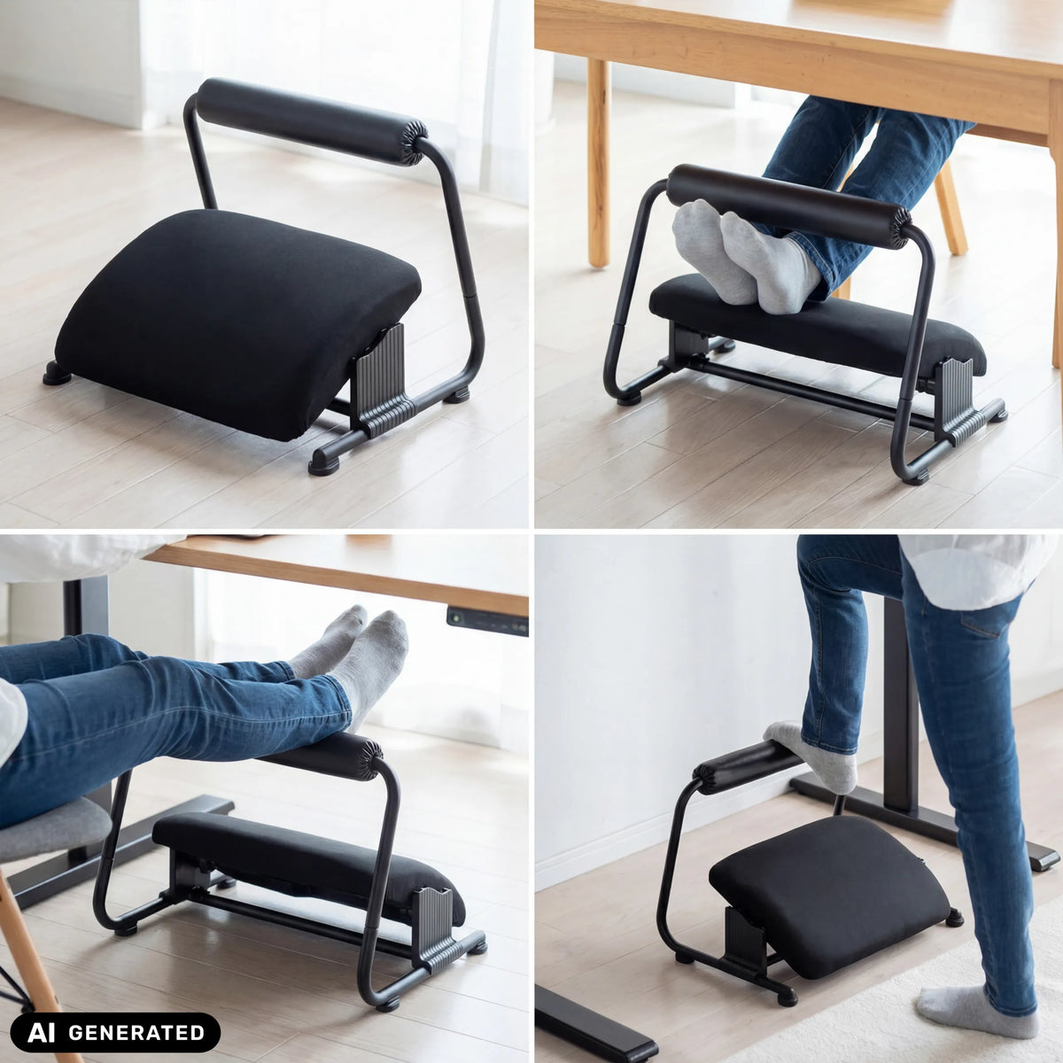 Justerbart Podi Velvet fotstöd i svart i olika positioner från hjh OFFICE (AI-genererad bild)