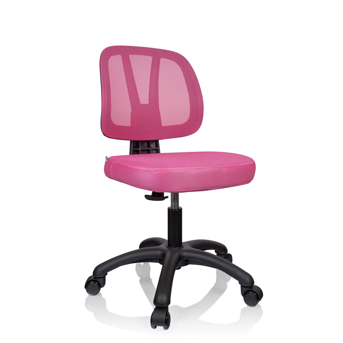 Rosa Snurrstol för barn KID YU 200 med nätrygg och svart femstjärnig fotkryss med hjul från hjh OFFICE – 360-gradersvy (snett framifrån 30°)
