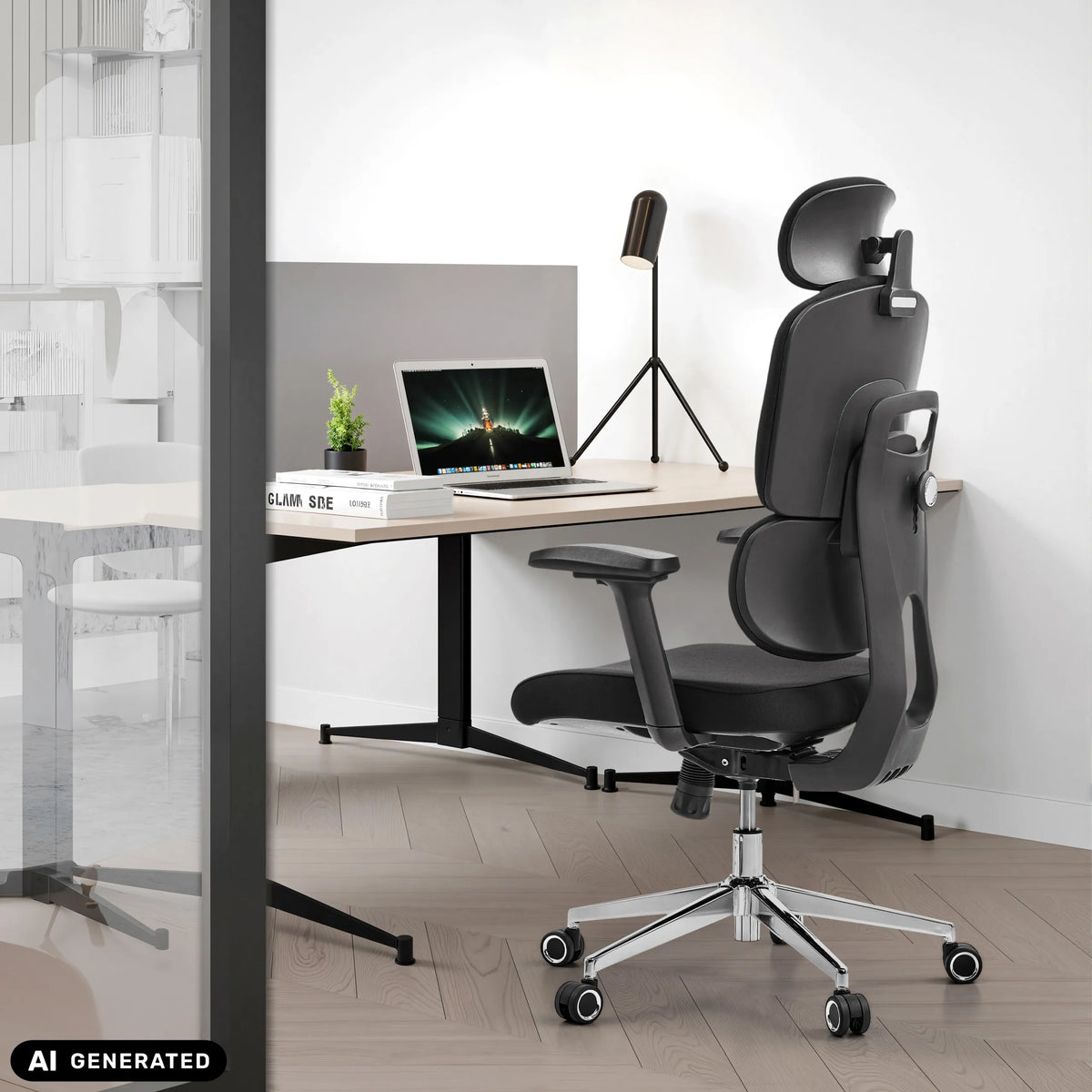 Svart professionell kontorsstol Ergomy F 2 med nackstöd och armstöd vid ett skrivbord från hjh OFFICE (AI-genererad bild)