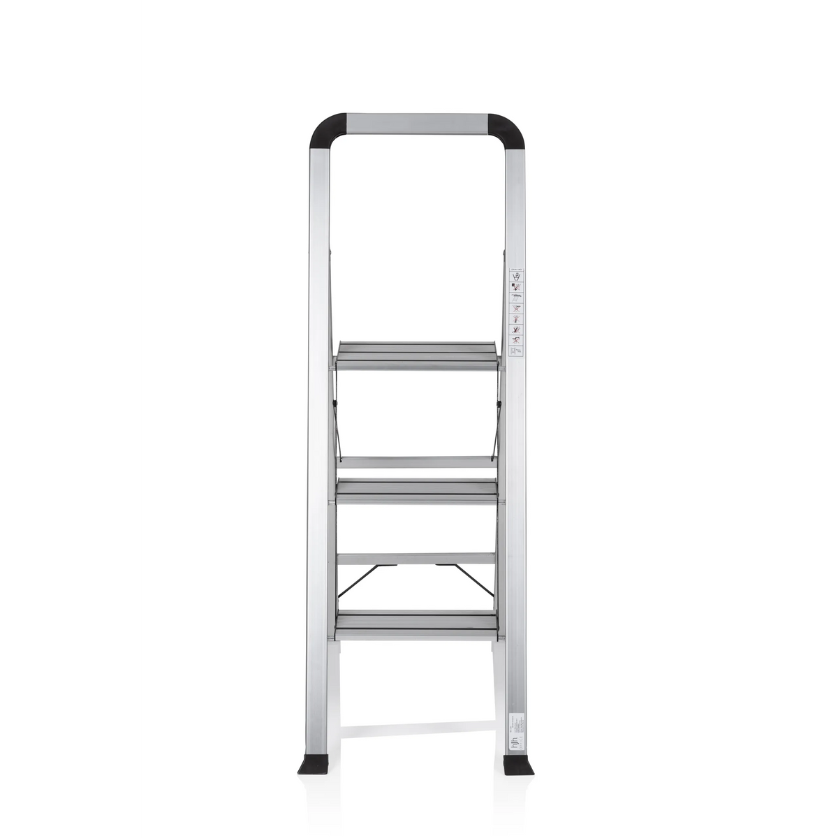 Silverfärgad fällbar stege SOLID V i aluminium med tre steg och handtag från hjh OFFICE – 360-gradersvy (framifrån 0°)