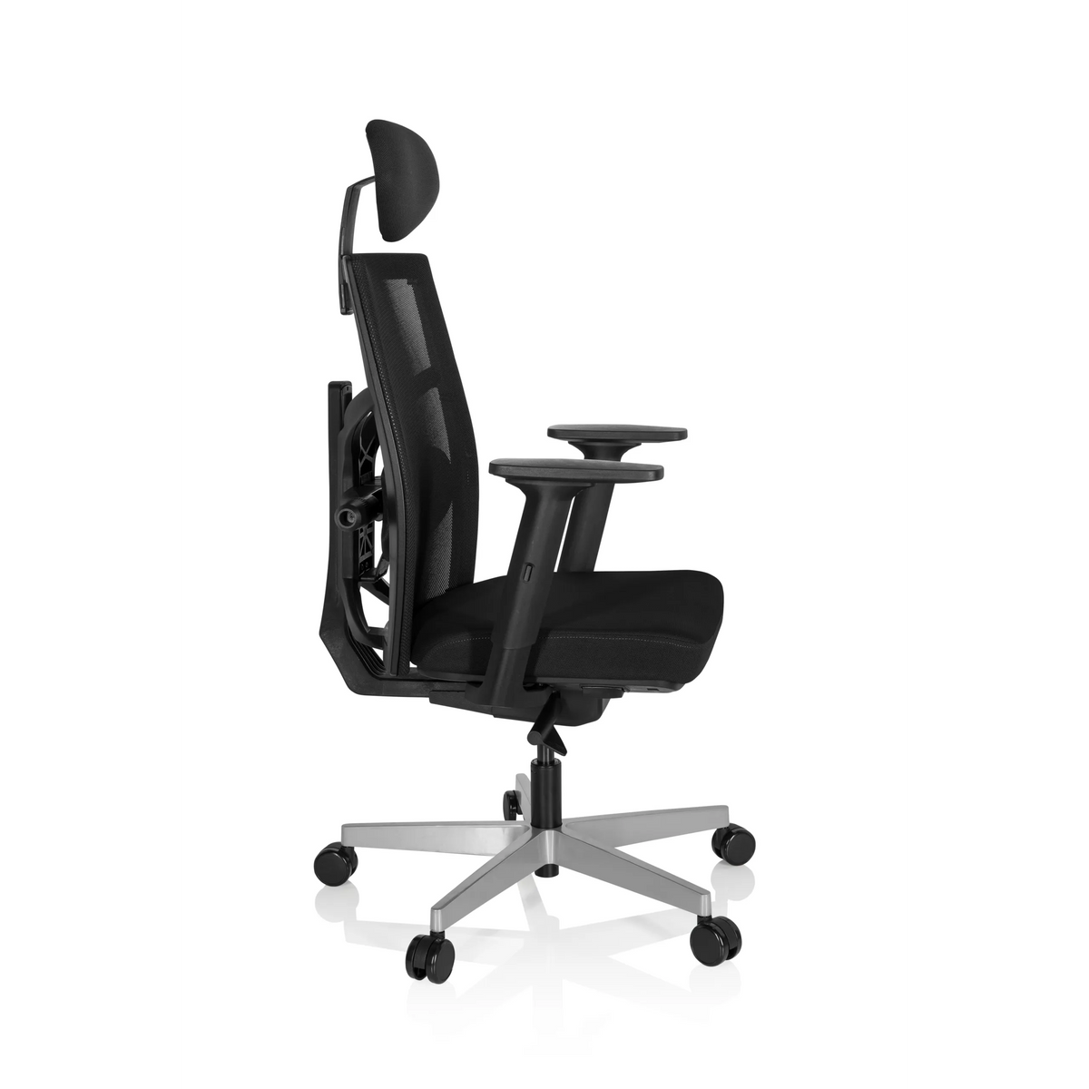 Svart Professionell kontorsstol BELLAC med nätrygg, nackstöd och femhjulig fotkorsbas från hjh OFFICE – 360-gradersvy (sidoprofil 80°)
