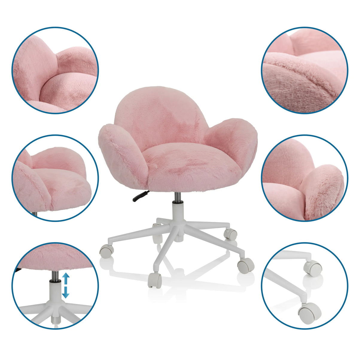 Rosa Snurrstol för barn KID TEDDY med fluffigt överdrag, vitt underrede och hjul från hjh OFFICE