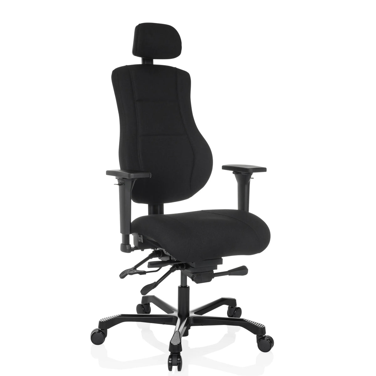 Svart XXL snurrstol 24 HOURS BASIC med nackstöd och femhjulig fotkorsbas från hjh OFFICE – 360-gradersvy (snett framifrån 30°)