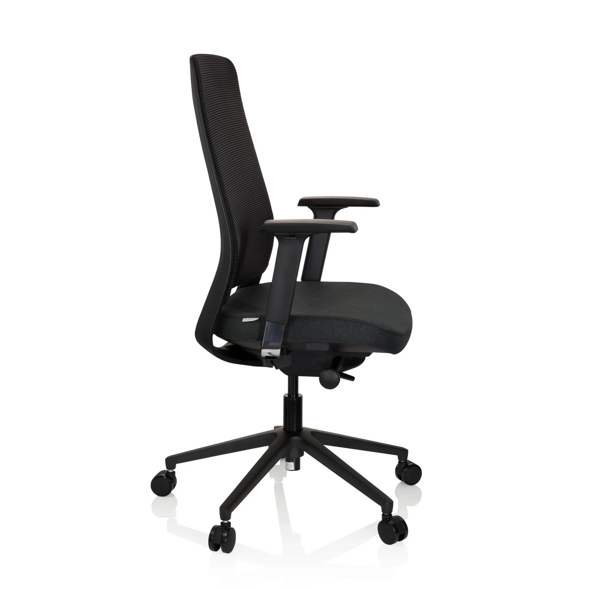 Svart Professionell kontorsstol CHIARO T1 BLACK med nätrygg och femstjärnigt fotkors med hjul från hjh OFFICE – 360-gradersvy (sidoprofil 80°)