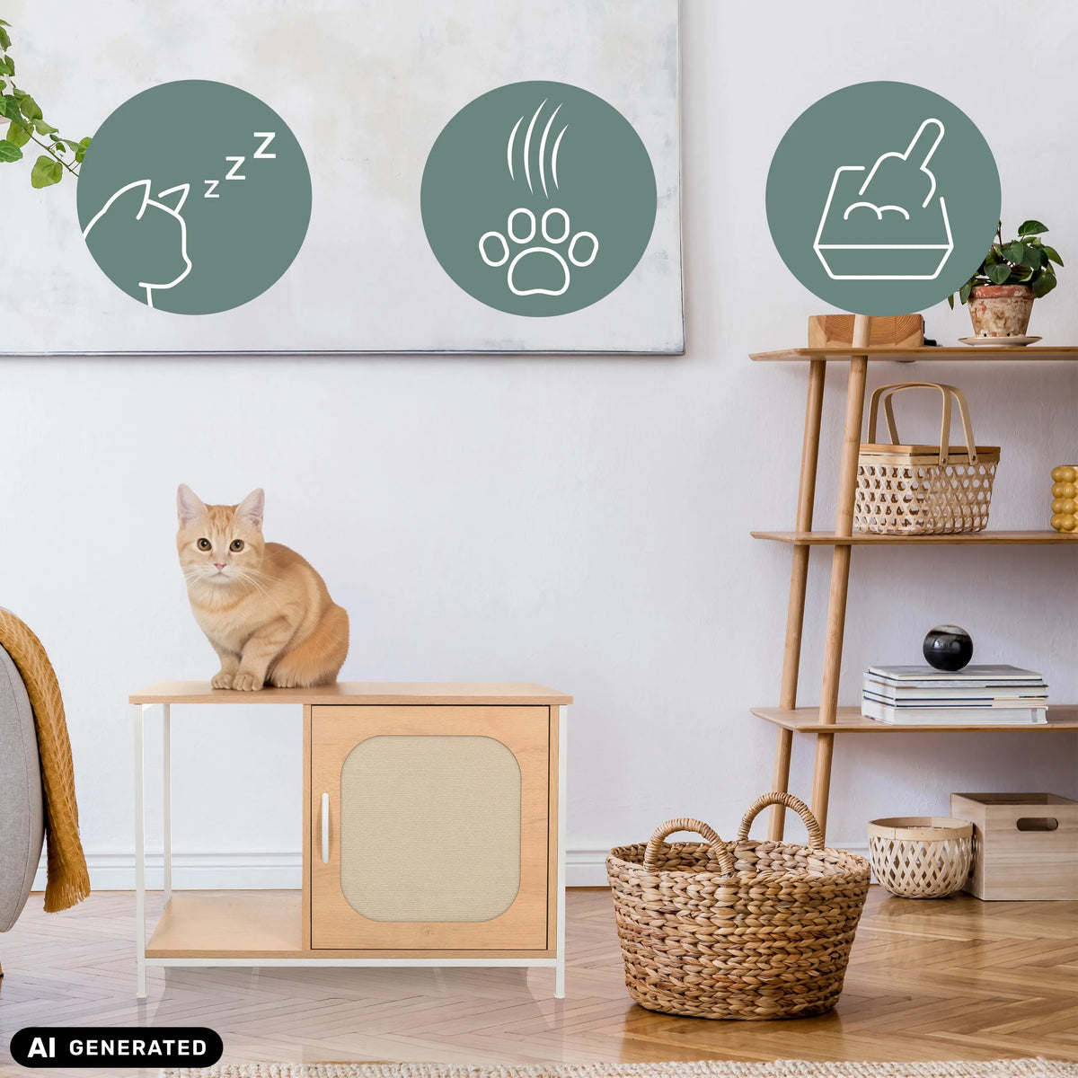 Katthus KITTYHOME 1 i vitt och bok med en katt som sitter på det från hjh LIVING (AI-genererad bild)