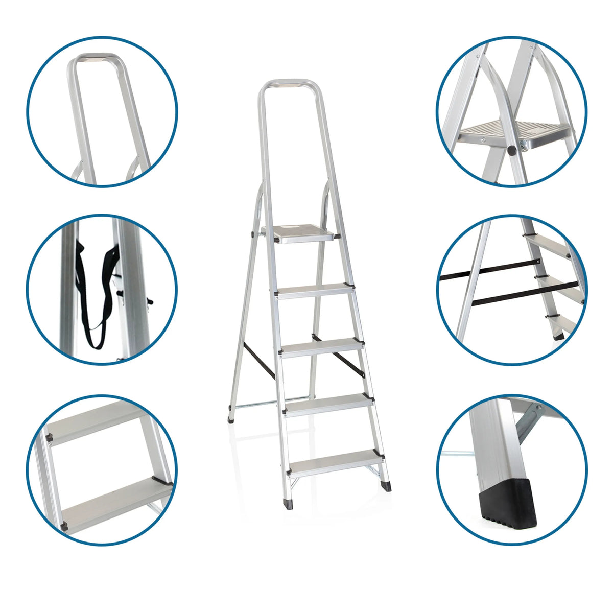 Fällbar stege i aluminium SOLID III med fem steg, bärrem och halkfria fötter från hjh OFFICE