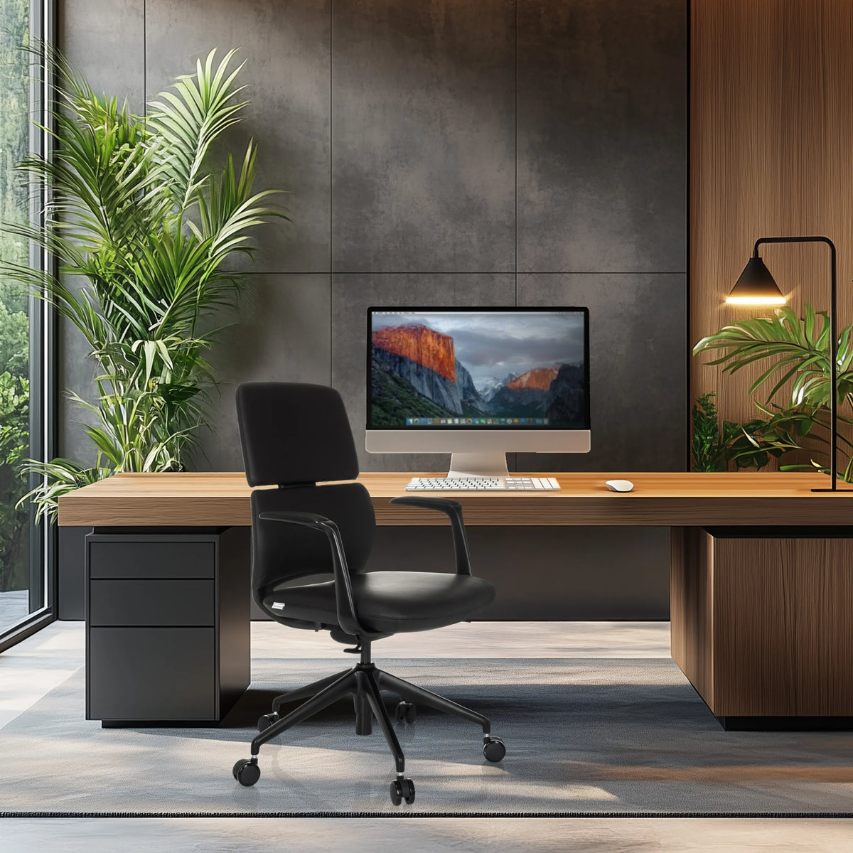 Svart Professionell kontorsstol ATMOS DESIGNER med armstöd och hjul vid ett skrivbord från hjh OFFICE