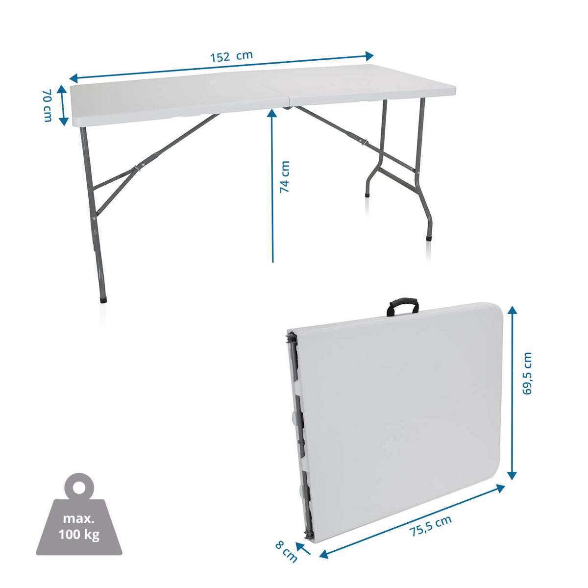 Måttskiss av det Hopfällbart bord EASY UP MULTI II med 152 × 70 cm och en bärförmåga på 100 kg från hjh OFFICE