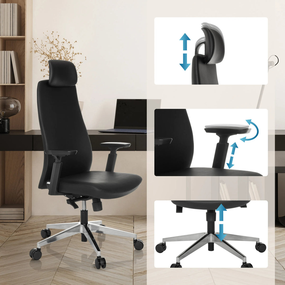 Höjdjusterbart nackstöd, armstöd och sitthöjd på Professionell chefsfåtölj YUCANO I från hjh OFFICE