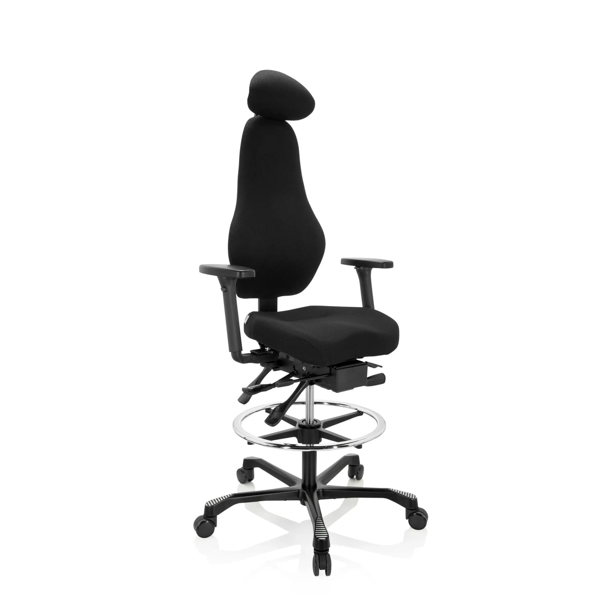 Svart Bardiskstol RESISTIO WORK med nackstöd, fotring och femstjärnig fotkorsbas med hjul från hjh OFFICE – 360-gradersvy (snett framifrån 40°)