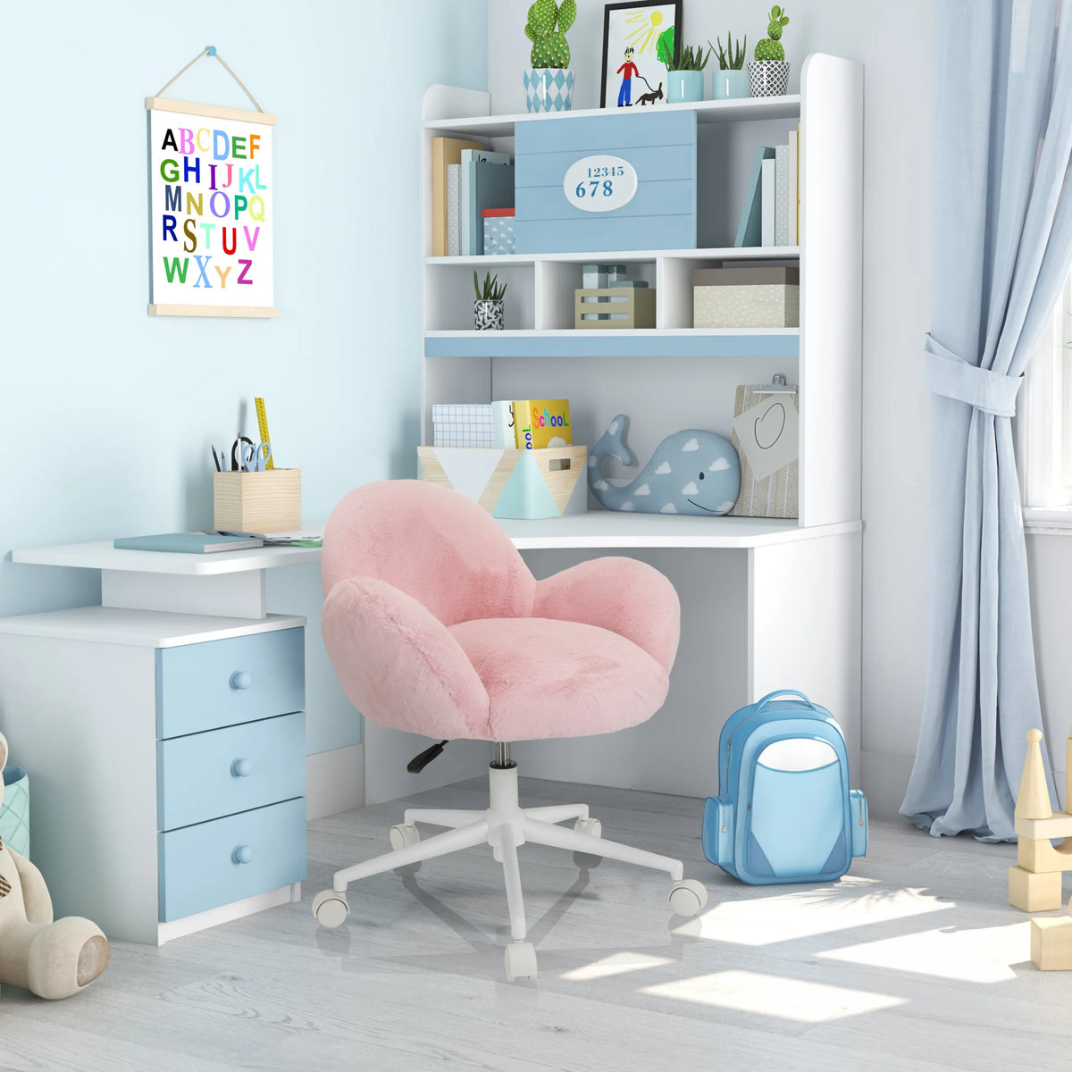 Rosa Snurrstol för barn KID TEDDY med fluffigt överdrag och vitt stjärnfot med hjul från hjh OFFICE