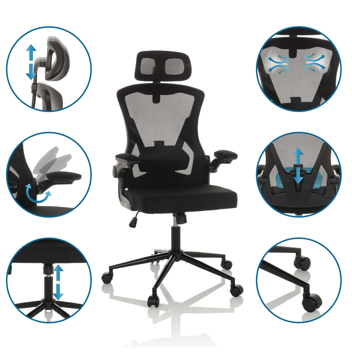 Schwarzer Profi-Bürostuhl ARIGANO mit verstellbarer Kopfstütze, Armlehnen und Lendenwirbelstütze von hjh OFFICE