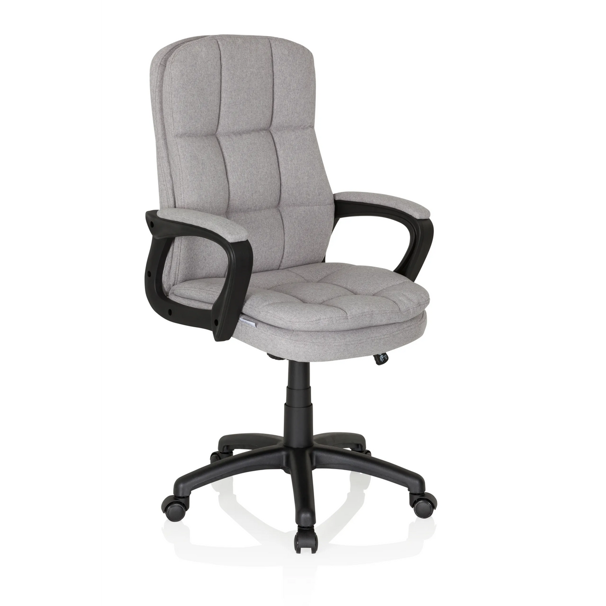 Grå Home Office chefsfåtölj RELAX CX 120 med quiltat överdrag och femhjulig fotkorsbas från MyBuero – 360-gradersvy (snett framifrån 40°)