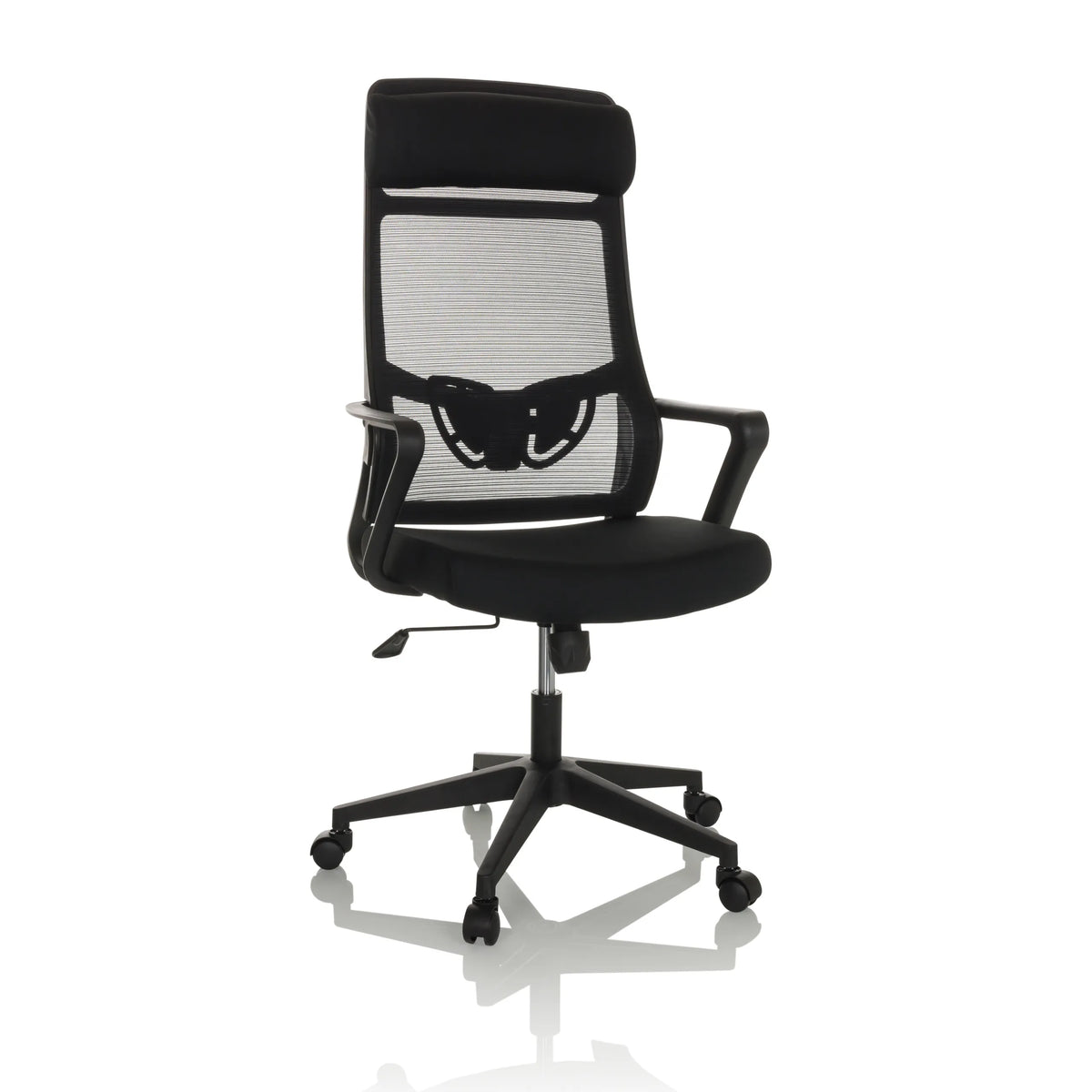 Svart Home Office kontorsstol NEKEO med nätrygg och femhjulig stjärnfot från hjh OFFICE – 360-gradersvy (framifrån 15°)