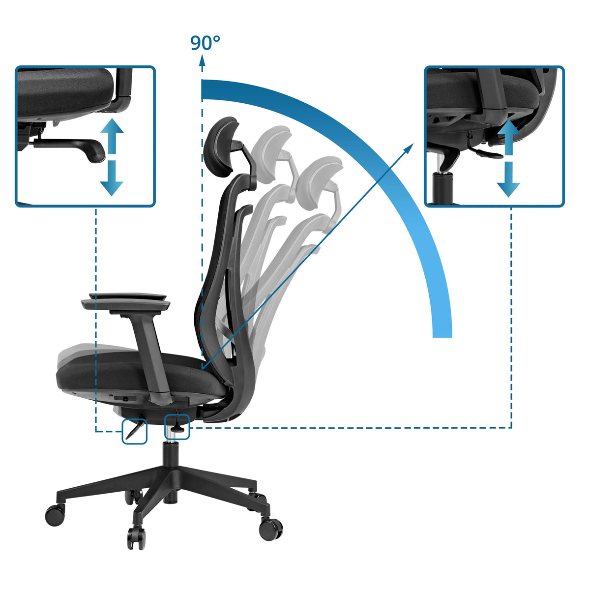 Höjdjustering av armstöd och ryggstödets lutning på Professionell kontorsstol Vivadapt från hjh OFFICE