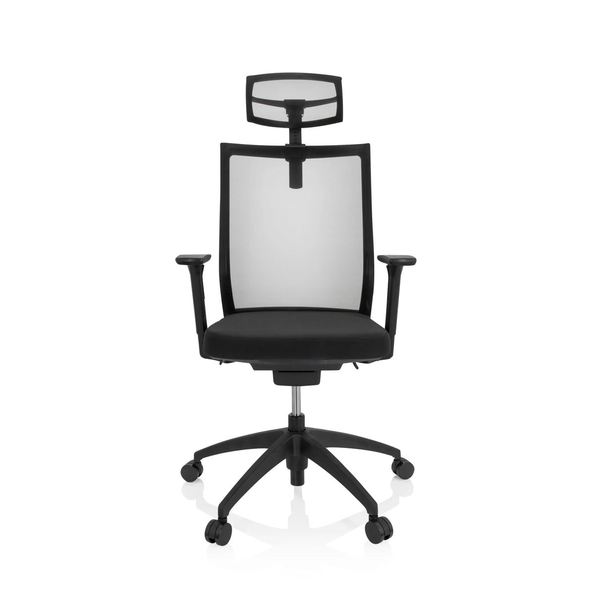 Svart Professionell kontorsstol ASPEN PRO med nätrygg, nackstöd och femhjulig stjärnfot från hjh OFFICE – 360-gradersvy (framifrån 0°)