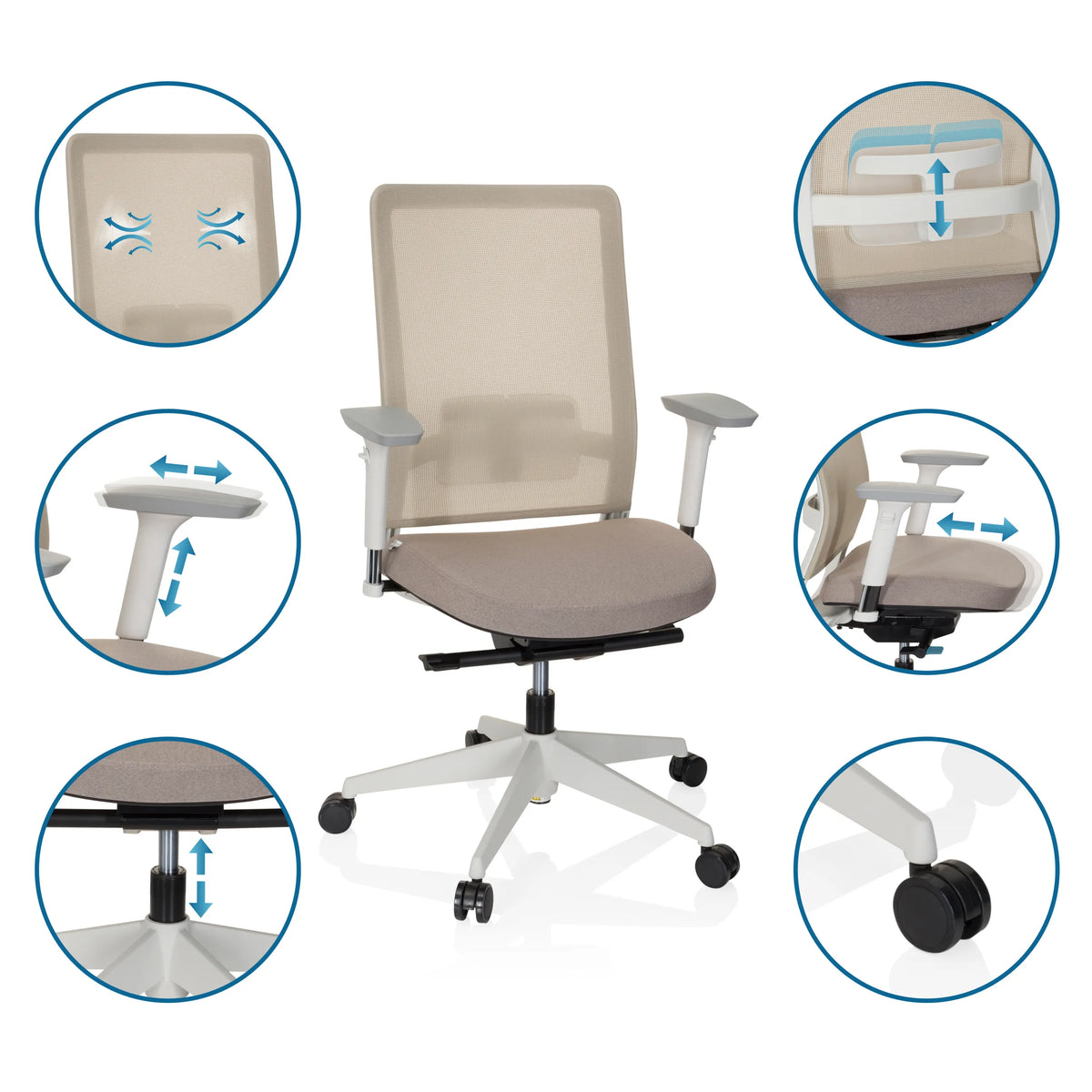 Justerbara funktioner för Professionell kontorsstol PURE WHITE i beige från hjh OFFICE