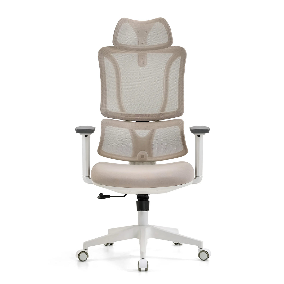 Beige Professionell kontorsstol ERGOMY W med nätrygg och vitt femstjärnigt underrede med hjul från MyBuero – 360-gradersvy (framifrån 0°)