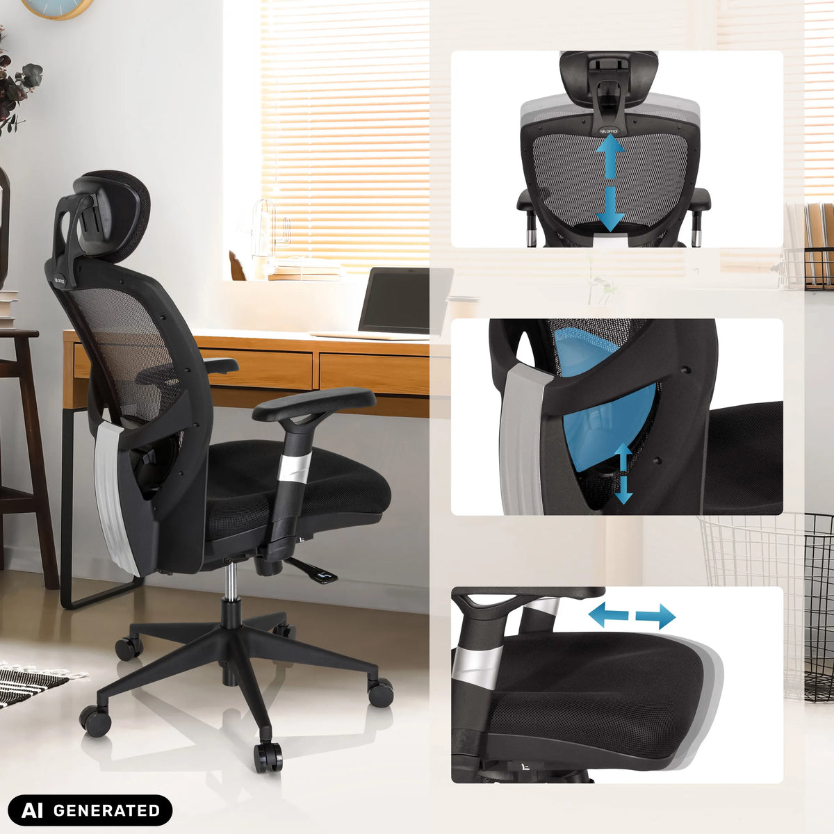 Justerbart nackstöd, svankstöd och sits på hög kontorsstol VENUS BASE från hjh OFFICE (AI-genererad bild)