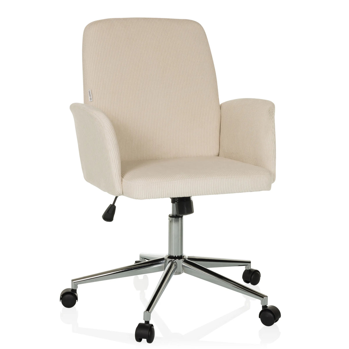 Beige Home Office kontorsstol SOLAO CORD med ribbad klädsel och femhjulig fotkorsbas från hjh OFFICE – 360-gradersvy (framifrån 15°)
