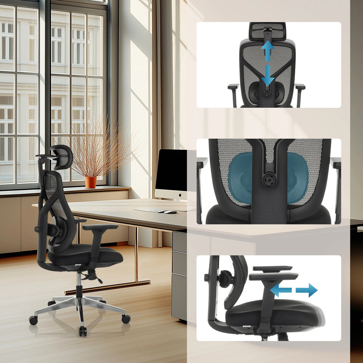 Höjdjusterbart nackstöd, svankstöd och sits på Hög kontorsstol CASSILIS B från hjh OFFICE
