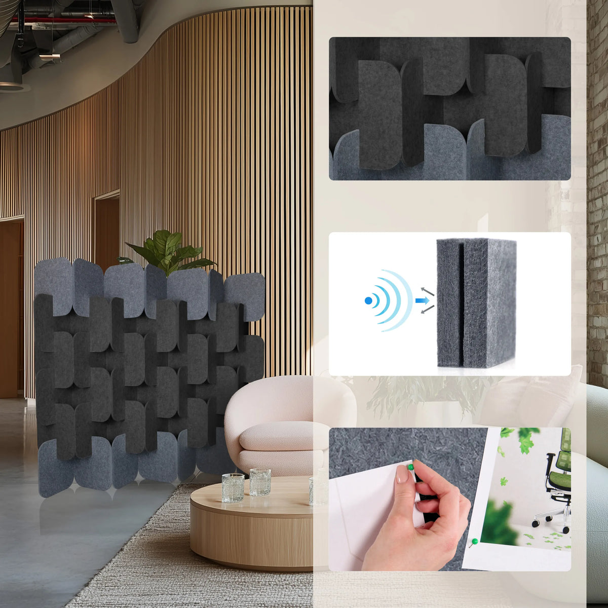 Grå och mörkgrå skärmväggar FLEXMIUT PLUG i olika vyer och detaljer från hjh OFFICE