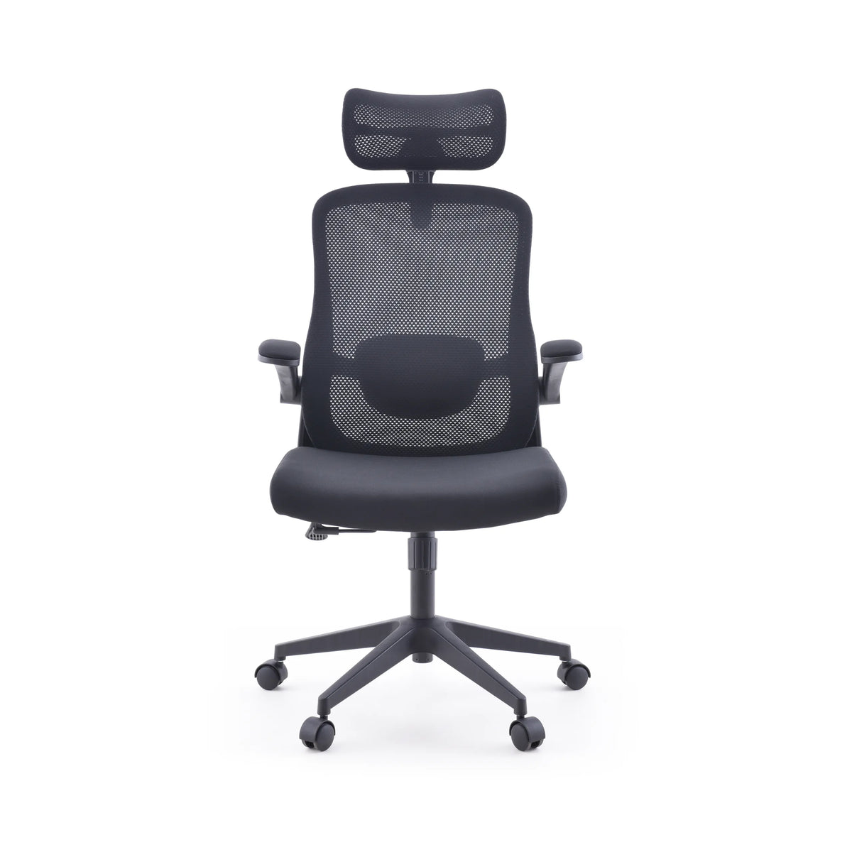 Svart Home Office kontorsstol Vertuflex med nätrygg och femkorsfot med hjul från MyBuero – 360-gradersvy (framifrån 0°)
