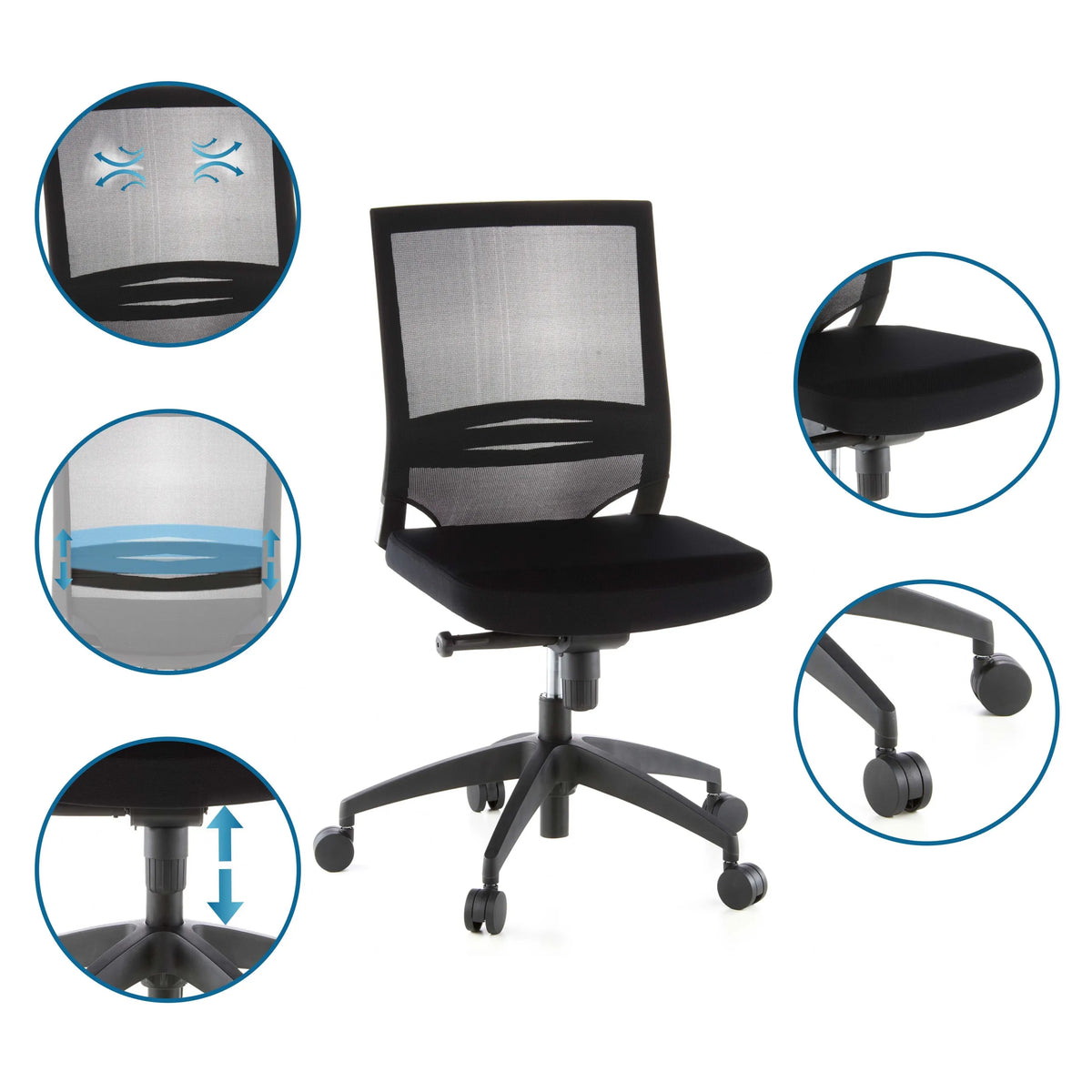 Svart Professionell kontorsstol PORTO ECO med nätryggstöd och detaljbilder på hjulen och gasfjädern från hjh OFFICE
