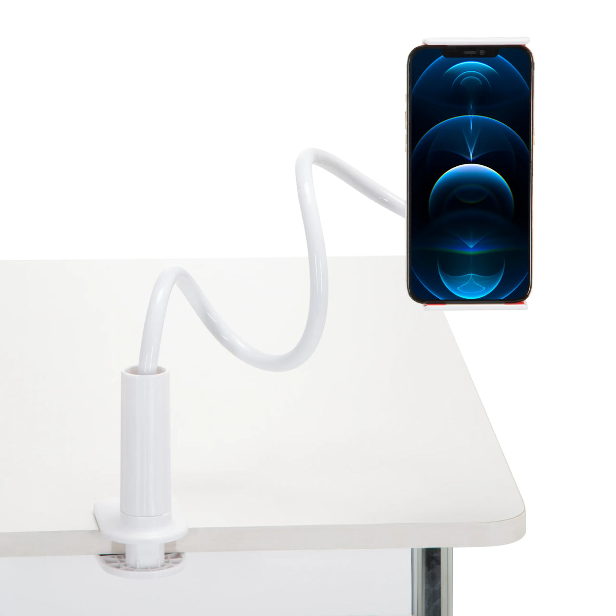 Vit hållare för mobiltelefon & surfplatta FLEXMOBI I med flexibel svanhals och bordsfäste från hjh OFFICE – 360-gradersvy (framifrån 0°)