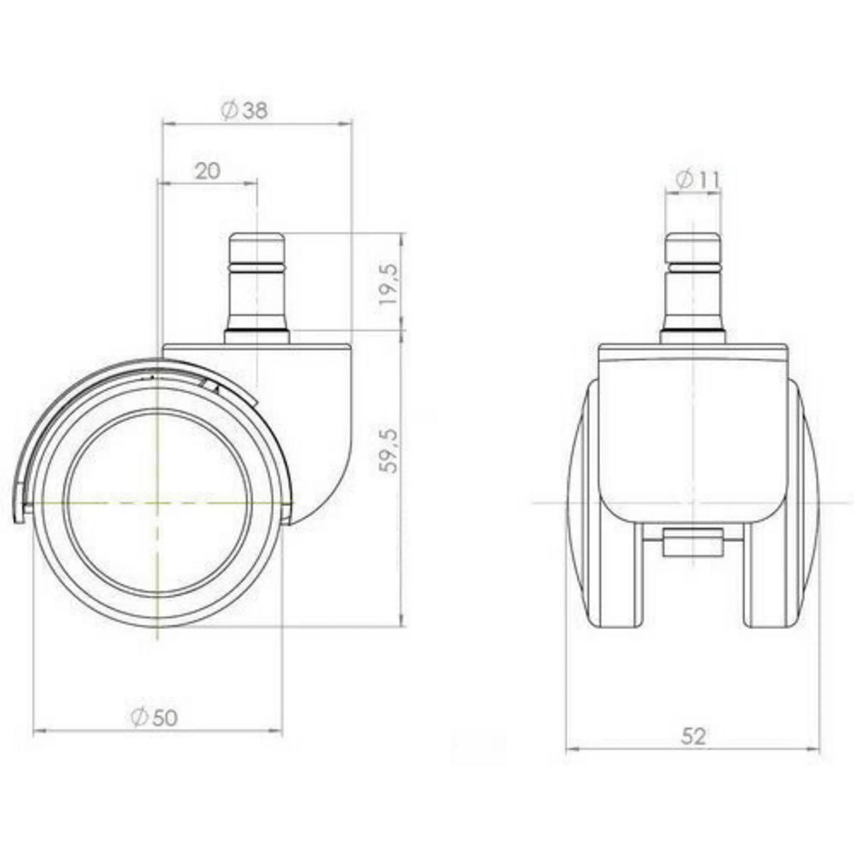 Teknisk ritning av hjulen till 5x ROLO 11mm/50mm med en hjuldiameter på 50 mm från hjh OFFICE