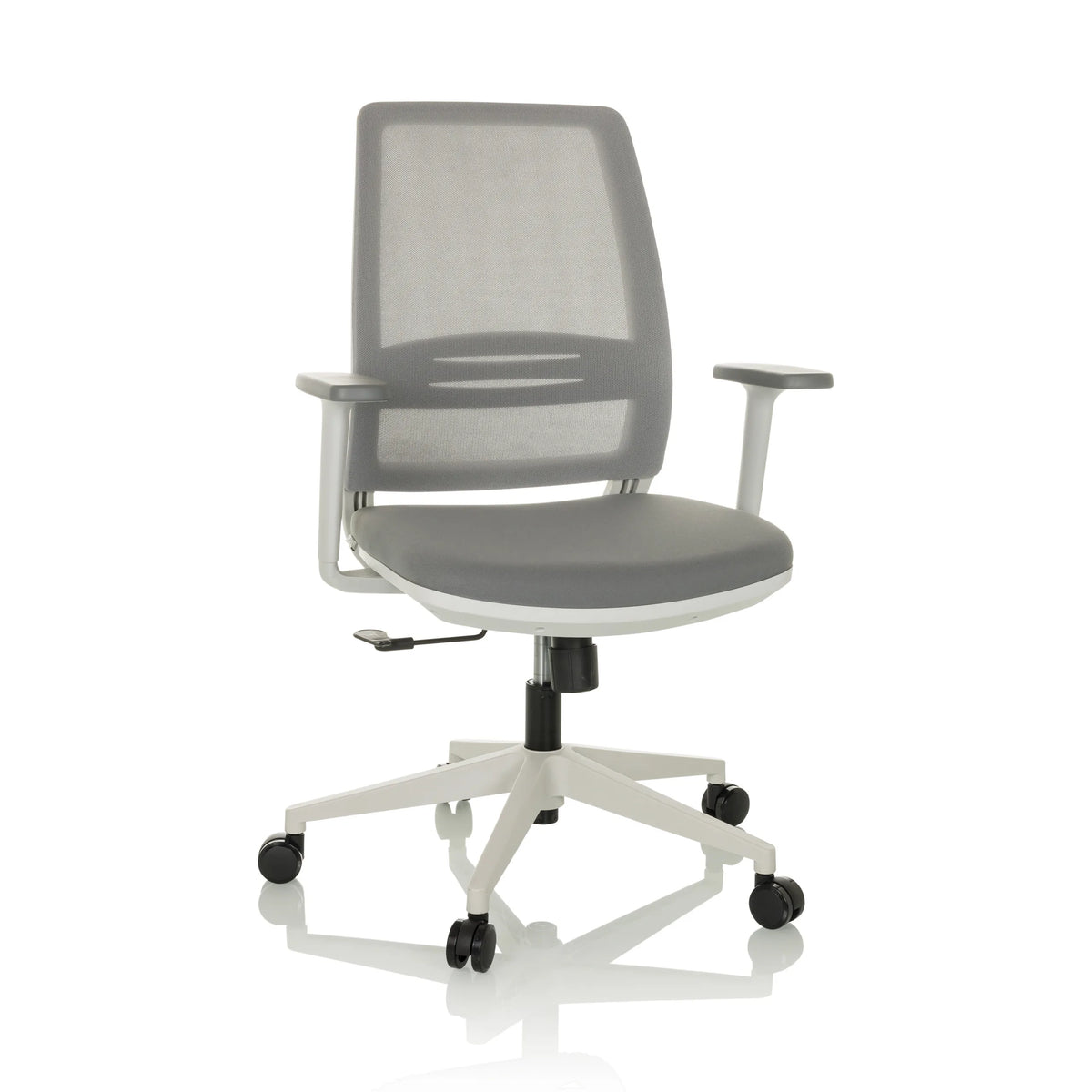 Grå Home Office kontorsstol PROFONDO ECO W med nätrygg och femstjärnig fotkorsbas med hjul från hjh OFFICE – 360-gradersvy (framifrån 15°)