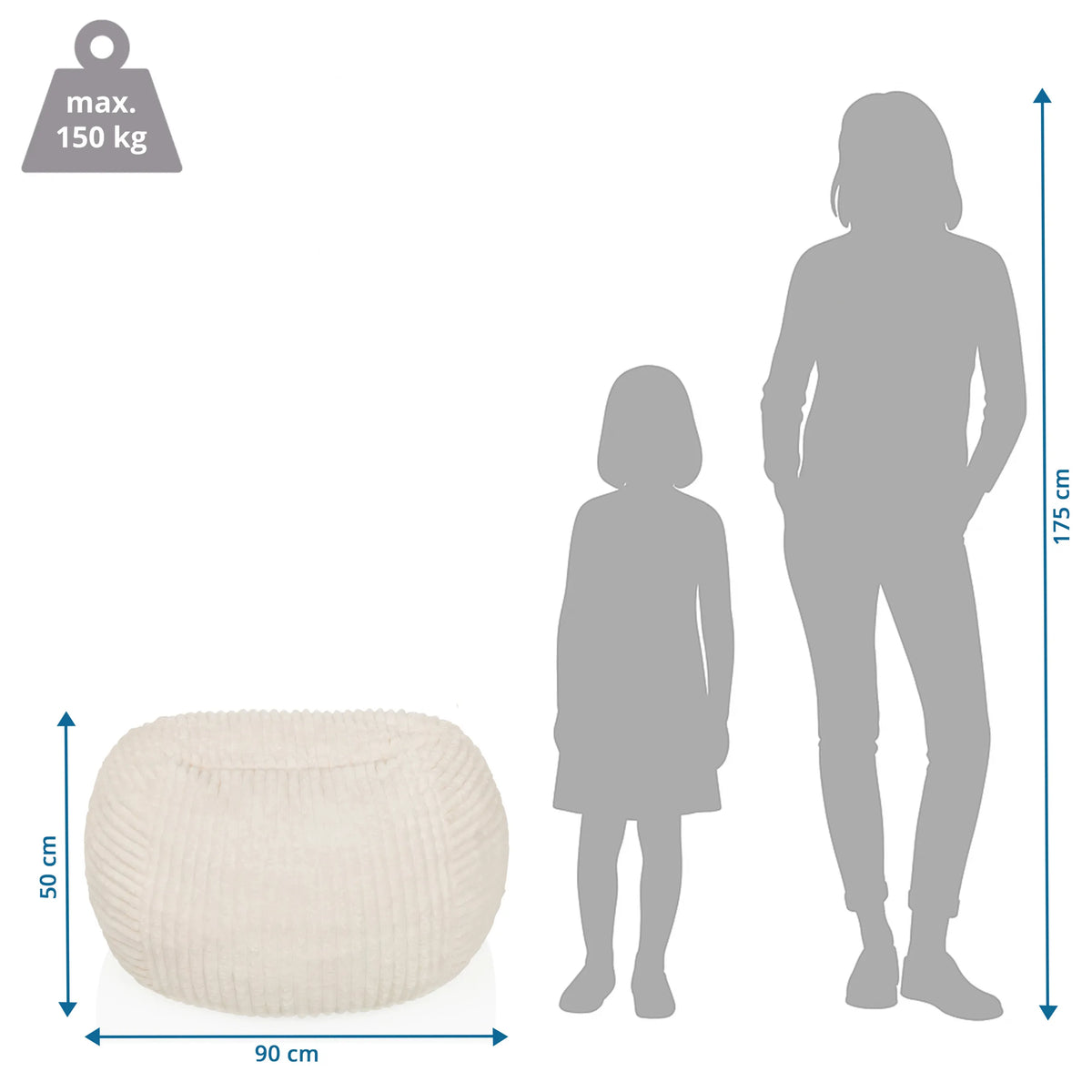 Måttskiss av Sitzolo R Sittsäckar med 90 × 50 cm och maximal belastning på 150 kg från hjh LIVING