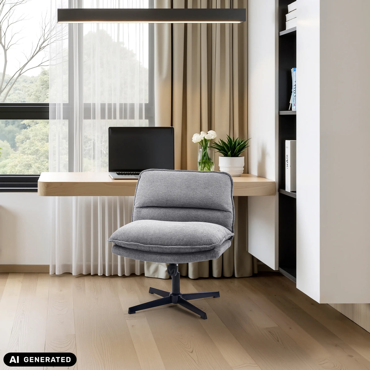 Mörkgrå Criss-Cross 20 loungefåtölj framför ett skrivbord från hjh LIVING (AI-genererad bild)