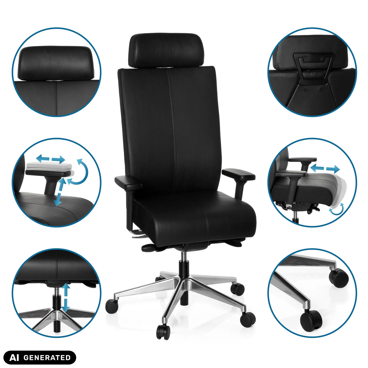Justerbara funktioner på den professionella kontorsstolen PRO-TEC XXL i svart från hjh OFFICE (AI-genererad bild)
